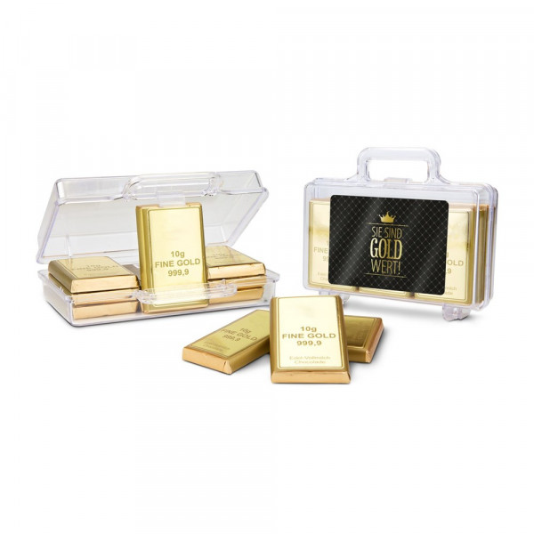 Sie sind Gold wert - Goldkoffer mit 12 Goldbarren, Edelvollmilch-Schokolade (120 g)