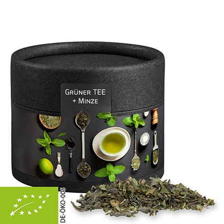 Bio Grüner Tee mit Minze, ca. 10g, Biologisch abbaubare Eco Pappdose Mini schwarz
